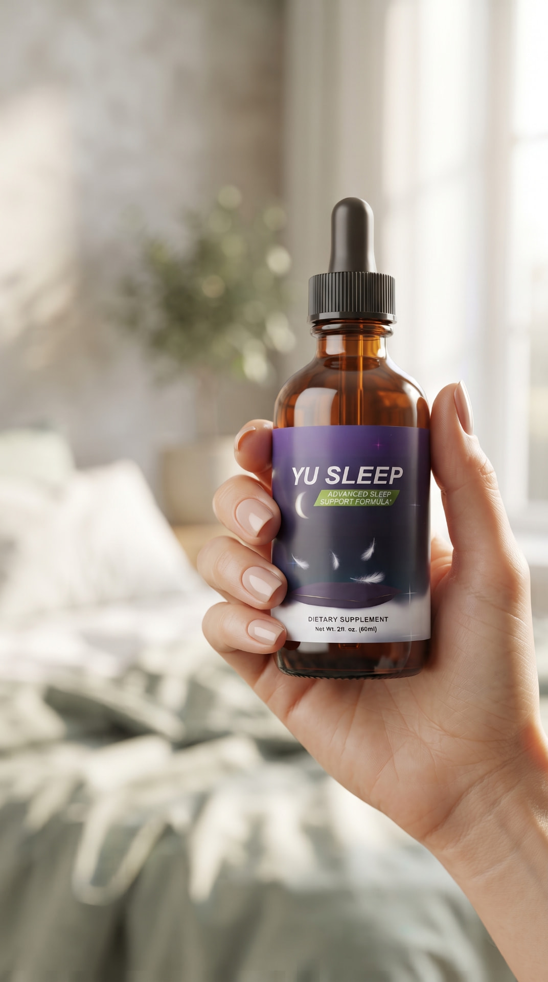 Hand holding a Yu Sleep bottle in a bright bedroom