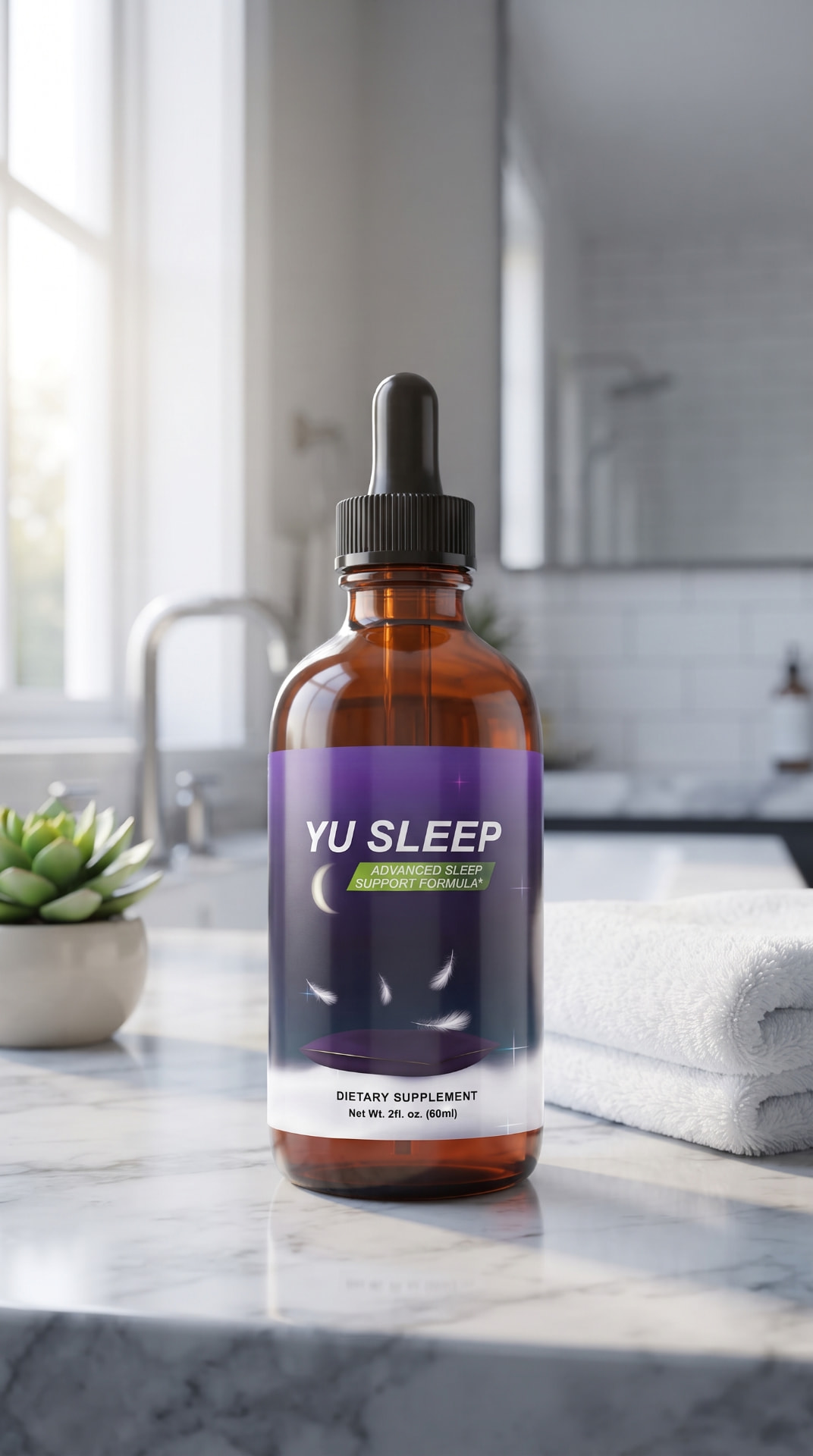 Yu Sleep supplement bottle on a marble counter