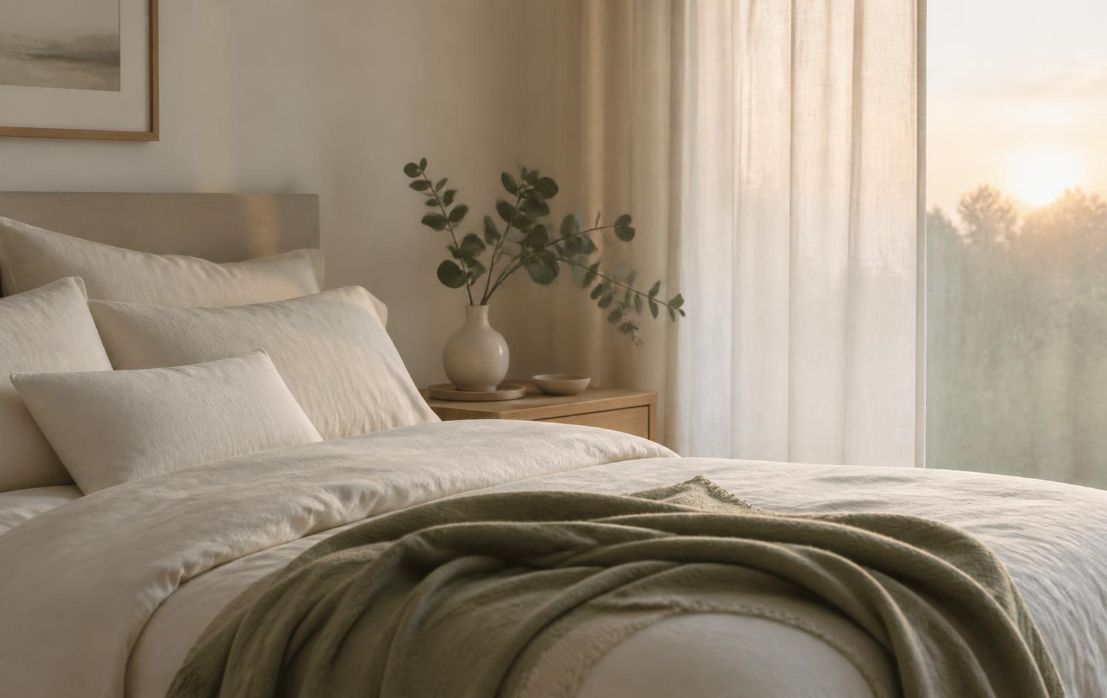 Calm bedroom with ivory linen bedding at dawn